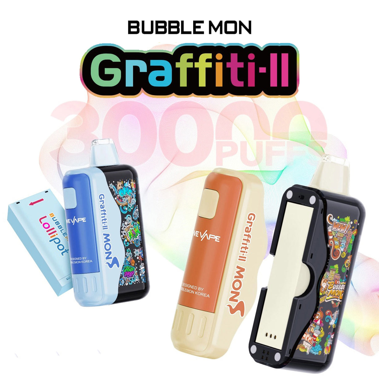 正品韩版巴布梦二代 BUBBLE MON GRAFFITI-Ⅱ 泡泡兽满天星炫彩壁纸LED灯效 | 30000口可拆卸式电子烟套装/烟弹 | 丰富口味可选
